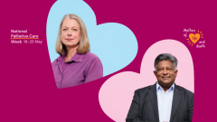 National Palliative Care Week Promotional Image including logo Matters of Life and Death. Pink with two love hearts and images of palliative care health professionals.