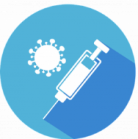 Cartoon image of a vaccine syringe and virus