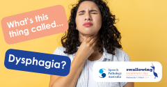 Person holding their throat in discomfort and speech bubbles with what's this thing called dysphagia? and the Speech Pathology Australia logo