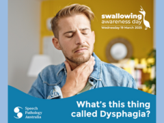 Person with hand to throat in discomfort with words What's this thing called Dysphagia Speech Pathology Australia