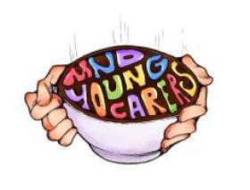 Lauren Alzamore's winning artwork of the 2023 Youth Week Design Contest. Two hands holding a cup with the words MND Young Carers in colored cartoon writing 